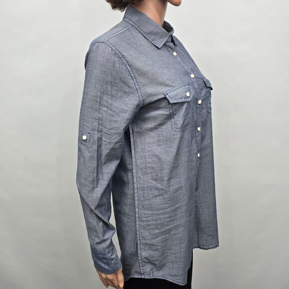 J. Crew Chambray Popover Tunic Shirt Women M Blue Long Sleeve Roll tab Button Up - Picture 8 of 12